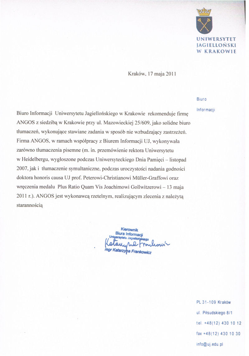 Jagiellonian University references ANGOS Translation Agency