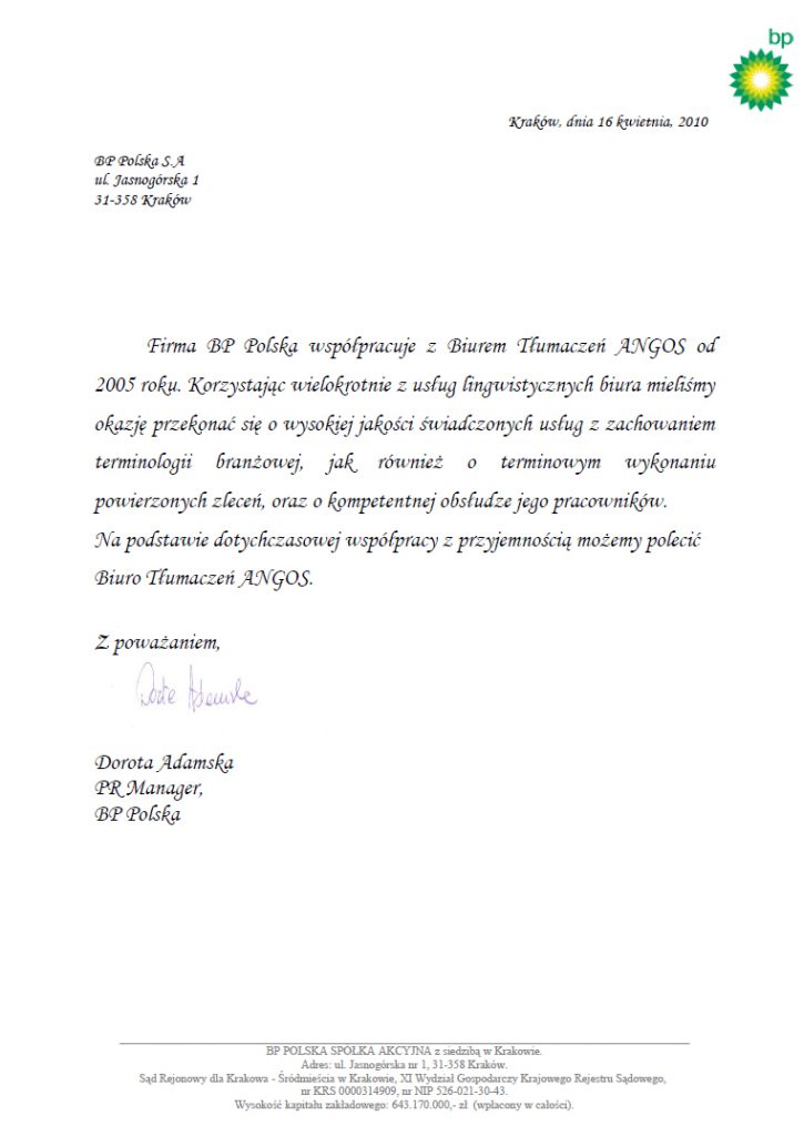 REFERENCES Translation Agency ANGOS Poland